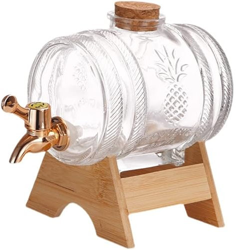 YYUNANG Tonneau en verre de 1 litre avec support et robinet, distributeur de boisson en forme de tonneau, tonneau avec robinet, carafe à whisky personnalisée (doré)
