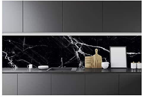 Fototapete Küche Abwaschbar Schwarz Marmor - 250x60 cm Einteilig Premium Küchenrückwand - Inklusive Kleister Modern Küchentapete Fototapeten Vlies Tapete UV-Beständig Montagefertig
