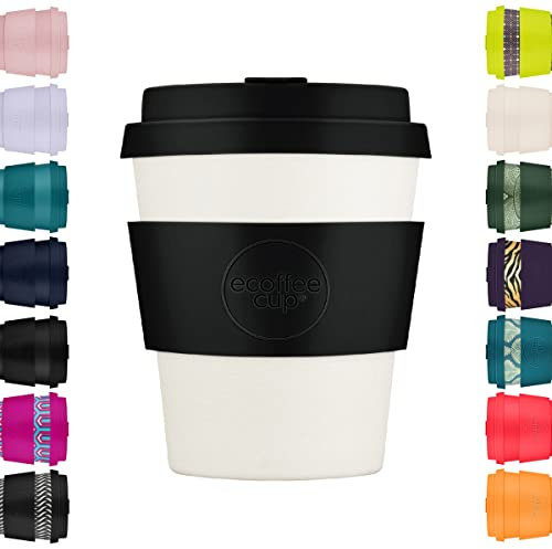 Ecoffee Cup Taza de café reutilizable de 240 ml, ecológica, 100% a base de plantas, con tapa y funda de silicona, sin melamina y biodegradable, apta para lavavajillas y microondas, color negro