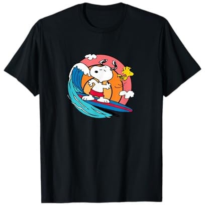 Peanuts - Snoopy Woodstock Surf T-Shirt Schwarz Klein Unisex-Erwachsene Klassisches Cartoon-T-Shirt mit Crew-Kragen und Kurzarm