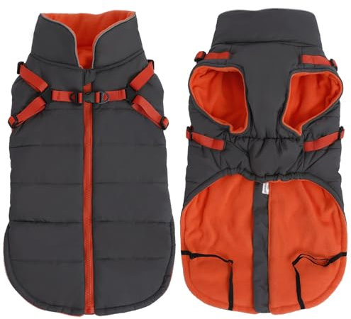 babepet Waterproof Dog Coat with Harness,Dog Winter Jacket with Fleece Lining,Reflective Vest Pet Clothes with Adjustable Chest Strap-Gray-XL