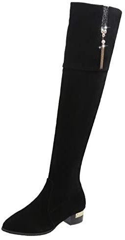 Yowablo Damenschuhe Mode Einfarbig Reißverschluss Stiefel Strass Perlenabsatz Overknee Stiefel Schnürsenkel Schnellschnürsystem Schwarz