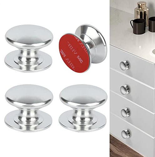 CcHhyyt 4 Pieces Self-Adhesive Drawer Knobs Handles Stick On Aluminum Knobs No Drilling Self Adhesive Cabinet Handle Silver Furniture Knobs Stick On for Cabinet Refrigerator Dresser (Silver)