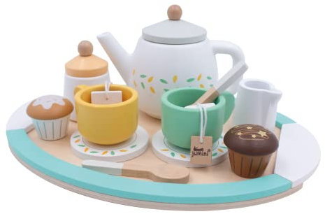 Accesorios de cocina de juguete de madera para niños: juego de comida y utensilios de cocina para niños, niñas y niños pequeños (juego de té de la tarde)
