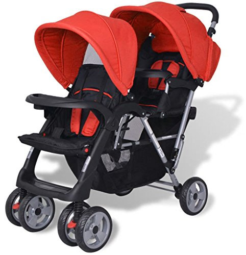 Ailgely Kombikinderwagen Geschwisterwagen, klappbar Geschwisterkinderwagen Zwillingswagen Kinderwagen Buggy Zwillingsbuggy aus Stahl + Oxfordgewebe für 1-2 Kinder bis zu je 15kg - Rötlich schwarz