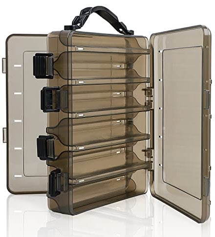 Realure Double Sided Lure Box with Handheld,4.5x17x20cm Small Fishing Lure Box,Sea Fishing Tackle Box,for Hard or Soft Lures,Diving Floating Sinking Skirted Topwater Lures,10 Grids (Brown)