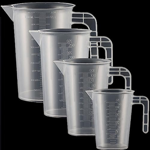4 Stück Messbecher Kunststoff Set Mit Griff Gramm Skala 50ml+100ml+250ml+500ml, Hitzebeständig Präzisions Messbecher für Waschmittel, Küche, Labor, die Autopflege Skala Lebensmittelecht Transparent