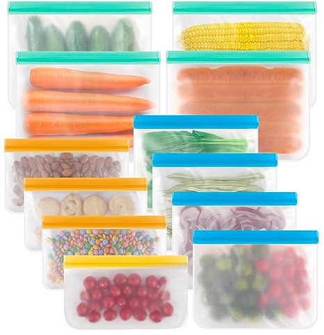 RASSE Reusable Storage Bag 12 Pack - Food Storage Bags(Ziplock Lunch Bag + Reusable Snack Ba g)BPA Free Freezer Ziplock Lunch Bags Leakproof