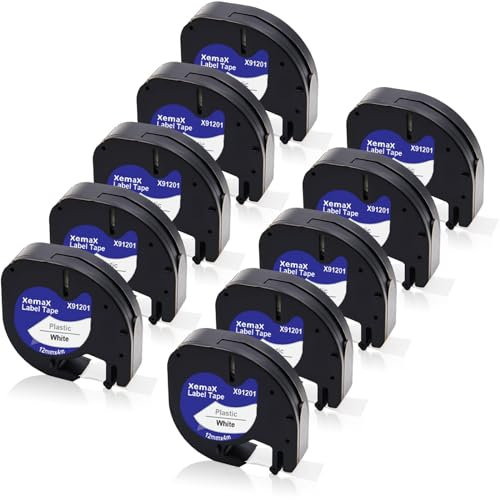 10x XemaX Kompatibel für Dyno Letra 12mm x 4m Etikettenband, Schwarz auf Weiß Schriftband, 91201 91221 S0721610 S0721660 Kunststoffschriftband für Dyno Gerät LT-100H 100T XR 200B 2000 XM 80 109xr 10g