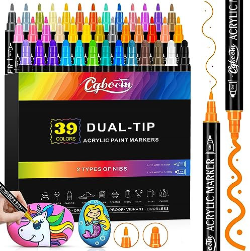 CGBOOM Acrylstifte, 39 Farben Dual Tip Acrylstifte für Steine Wasserfest, Steine Zum Bemalen, Stifte Steine Bemalen Wasserfest, Steine Bemalen Stifte, Lackstift für Steine Holz Leinwand Multimarker