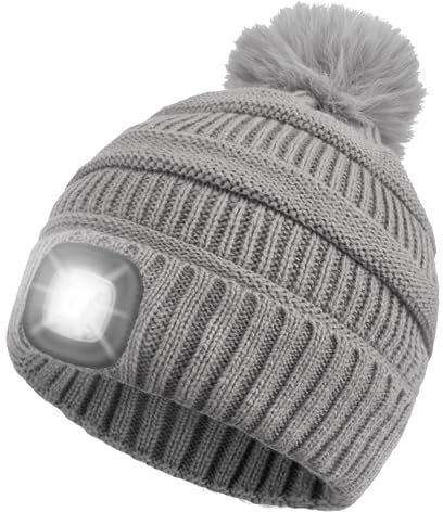 Kinder Wintermütze mit Licht, USB Wiederaufladbare Pom Strickmütze mit 4 LED Licht, Wärmer Beleuchtete Stirnlampe Mütze für Jungen, LED Licht Beanie für Nachtlauf Camping, Radfahren Walking - Grau