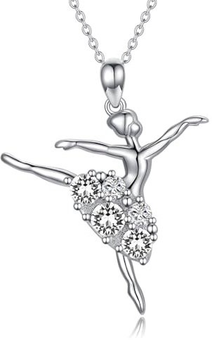 AOBOCO Ballerina Halskette 925 Sterling Silber Balletttänzer Halskette mit Kristall Ballett Geschenke für Frauen Mädchen (Weiß)