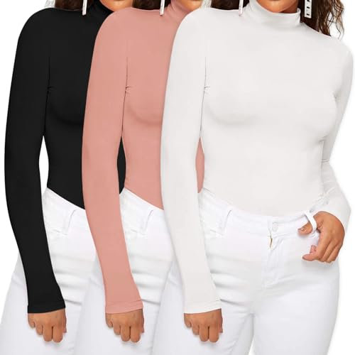 Dihope Damen Rollkragenshirt Basic Elegant Langarmshirt Rolli Weicher Pullover Sweatshirts Dünn Stretch Unterziehrolli Slim Fit Oberteile für Herbst Winter(3pc-Schwarz+Weiß+Rosa,S)