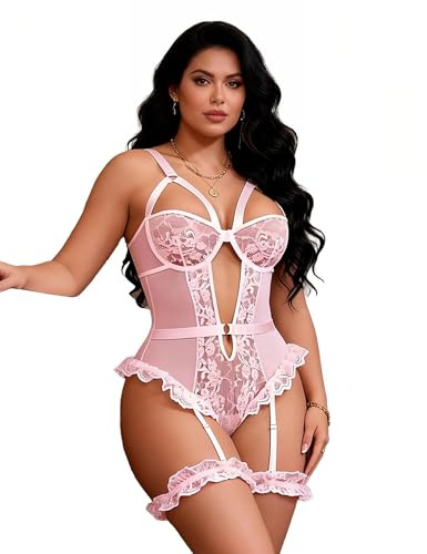 comeondear Body Donna Sexy Taglie Forti Bodysuit Pizzo Senza Maniche con Reggicalze Hot Lingerie Elegante Estivo Completino Intimi Curvy Transparente Babydoll Teddy