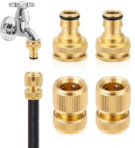 Sylken 4-Stück Messing Schlauch Fitting Set, 1/2 Schlauch Verbindung aus solider Messing, 2-in-1 Wasserhahn Adapter für 1/2 und 3/4 Schläuche, Gartenschlauch Armaturen für Reparatur und Verbindung
