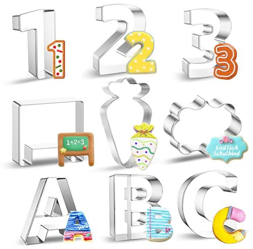Moldes Galletas ABC 9 Piezas,Inscripción Escolar Inoxidable Cookie Cutters 123,De Vuelta a La Escuela Cortapastas,Herramienta para Tartas,Galletas y Donuts
