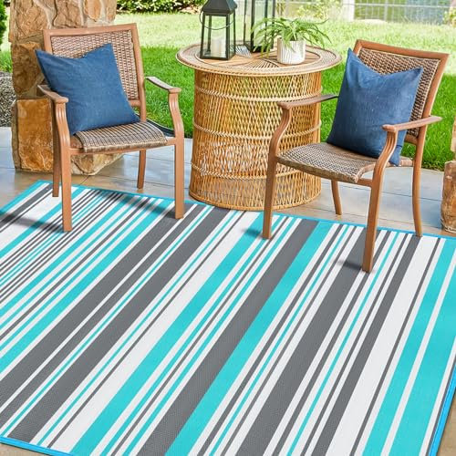 Outdoor-Terrassenteppich, wasserdicht, Camping, Outdoor-Teppich, Kunststoff-Stroh-Teppich für Terrassen, Ausräumung, Wohnmobil, Veranda, Balkon, Wohnmobil, Deckteppich für Wohnmobil, Blau und Grau,