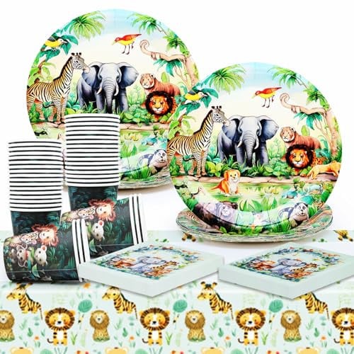 Huaxintoys Jungle Animaux Fêtes Vaisselle,61 Jungle Animaux Thème Vaisselle Comprendre Assiette à Dessert, Tasses, Serviettes et Nappes, Décorations de Table sur Le Thème de la Jungle Animaux