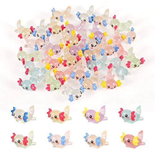 64 Stück Kleiner Trottel Axolotl, Leuchtender Mini Harz Axolotl aus Kunstharz Axolotl Anhänger für Heimwerker Handwerk Garten Landschaft Puppenhaus Topfpflanzen Dekorationen (8 Farben)