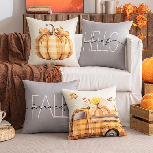 Slozzi 4er Set Herbst Drucke Kissenbezug Dekorative Kissen Geometrische Kissenhülle Sofakissen Zierkissen Kürbis Auto Dekokissen Weich für Sofa Schlafzimmer Wohnzimmer 45x45 cm Grau Orange Kürbis