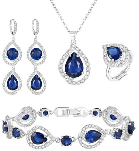 EVER FAITH 4 Stück Schmuck Set für Damen Teardrop Cubic Zirkonia Anhänger Halskette Ohrringe Tennis Armband und Offene Ring Sets für Party Hochzeit Blau Silber-Ton