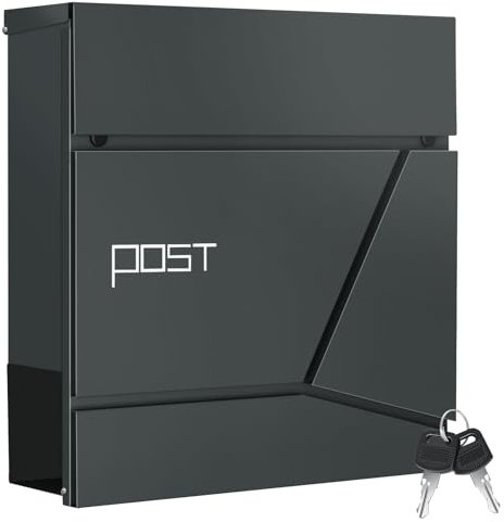 WOLTU Cassetta Postale da Esterno, Cassetta delle Lettere da Muro, con Coperchio a Ribalta, 2 Chiavi e Serratura, Scomparto Aperto per Giornali, Antracite, 37x10,5x37cm,