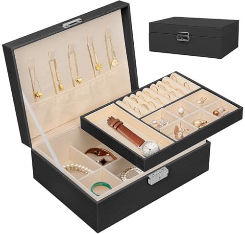 Ninonly Schmuckkästchen Schmuck Organizer für Frauen,Schmuckkästchen Damen PU-Leder Schmuckaufbewahrung, Zwei Schicht Schmuck Aufbewahrung Koffer, für Ohrringe Armbänder Ringe Uhren schwarz