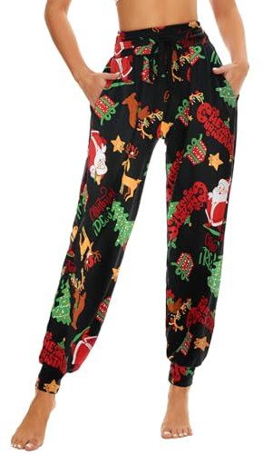HAPYWER Weihnachten Hose Damen Haremshose für Lounguewear Festlich Yoga Workout Hose Leichte Pyjamahose Weiche Locker Bequem Hose mit großen Taschen(Weihnachten2-Schwarz,M)