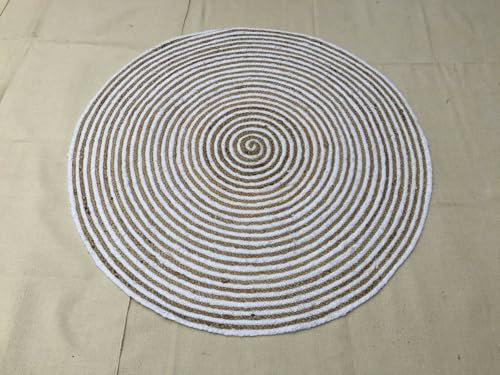 Vipanth Exports Jute-Teppich, handgeflochten, rund, für Wohnzimmer, 300 x 300 cm, Weiß