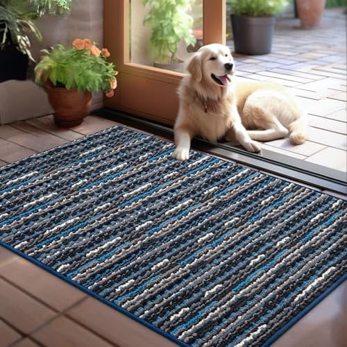 Biscpro Fußmatte 80x100cm Boho Teppich Schmutzfangmatte Innen Waschbar Rutschfester Fussmatte Eingangsmatte Carpet für Eingangsbereich,Haustür,Patio,Flur,Garten,Porch-Blau