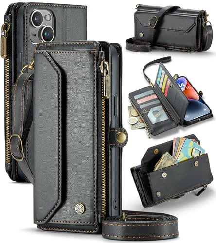 UFinetech for iPhone 14 Plus Case, Crossbody Wallet Phone Case with RFID Blocking Kickstand, Anti-Drop Wireless Charging Card Slots, PU Leather Shoulder Bag Clutch Adjustable Strap, Black for Women