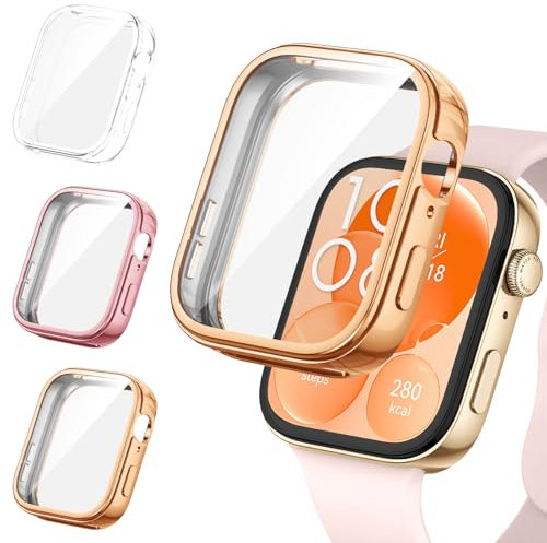 [3Pezzi] Kamita Custodia per Huawei Watch Fit 3, Morbido TPU Bumper Case con Protezione Dello Schermo, Antiurto Custodie Protettiva a Copertura Totale Cover per Huawei Watch Fit3(Chiaro+OroRosa+Rosa)