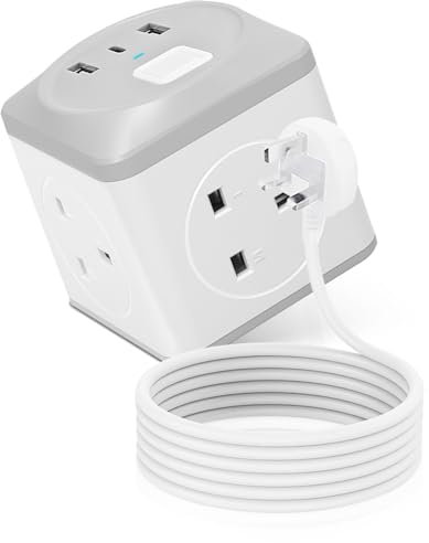 Lorrtta Cube Extension Lead with USB Slots, 1.5M Extension Cord with 3 USB Ports and Switch, 3 Way Multi Plug Socket, UK Power Strip with Surge Protection, Suitable for Desk, Home, Office, and Travel