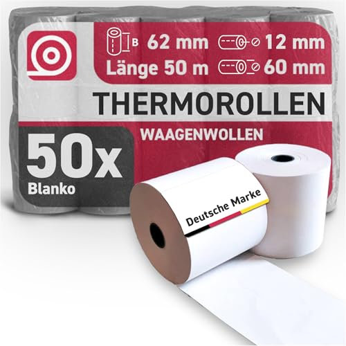Gebongt24 Thermorolle 62 mm x 50 m x 12 mm - BPA-freies Thermopapier - 50 Kassenrollen mit 65 mm Rollendurchmesser – Bonrolle für Waagen, Kassen & Thermodrucker