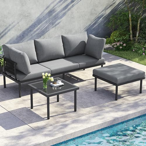 Kebnor Set di mobili da giardino angolari, divano + tavolino + poggiapiedi, tubo in acciaio zincato, piano in vetro, adatto per giardini, piscine e altri ambienti esterni, grigio + nero