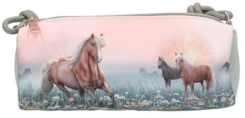 Depesche 13404 Miss Melody Romantic Fields - Schlampertasche in Grün und Rosa, mit Pferde Motiv, Blumen und Glitzer, Federtasche mit Kordelträger