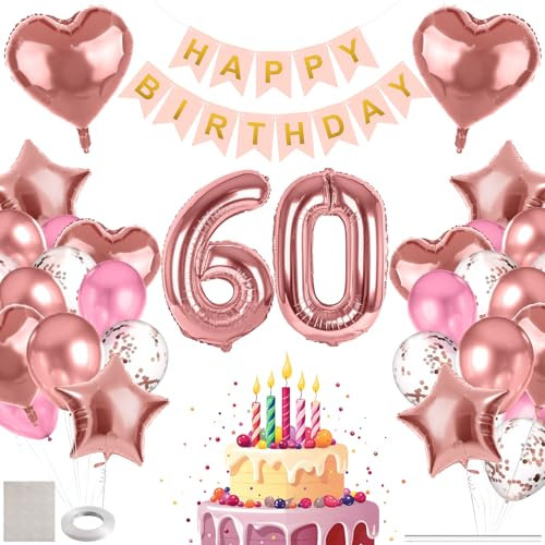 MIEWAA Deko 60. Geburtstag Frau, 60er Geburtstag Luftballons Frauen, Geburtstagsdeko 60 Jahre mit Happy Birthday Banner, Groß Zahl 60 Folienballon, Herz Stern Folienballon, Latex Konfetti Ballon Rosa