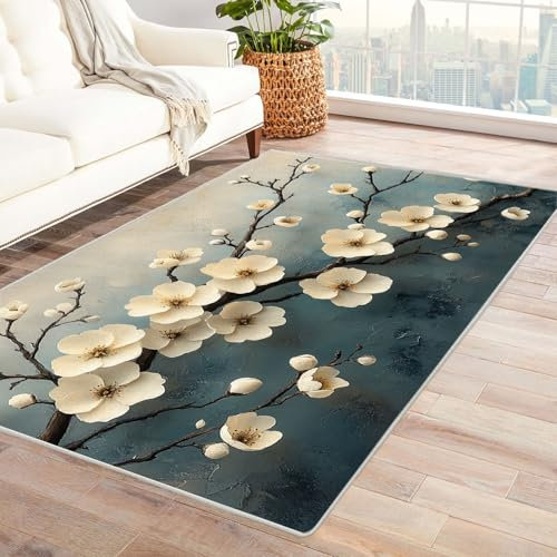 TZKRWRH Piccolo Tappeto Vintage Per Interni Rami di fiori retrò Zerbino Per Soggiorno Cucina Neutro Antiscivolo Lavabile, Camera Da Letto(bianco)-210x270cm