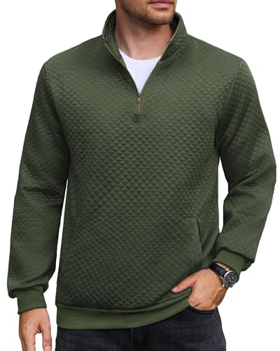 Elainone Herren Pullover mit 1/4 Reißverschluss Stehkragen Winterwarmer Arbeitspullover mit Tasche Regular Fit Armeegrün L