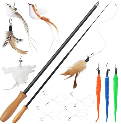 LIAILA 14 Stück Katzenspielzeug, Katzen Spielzeug Set mit 2 Langen Katzenengel, 4 Angelschnüren, 2 Vogel, 3 Federn und 3 Würm. 42-110CM Cat Toys Stabil, Interaktives Katzenspielzeug mit Glöckchen