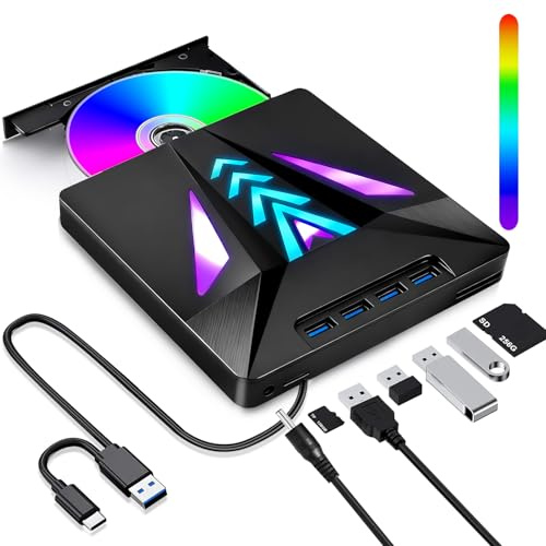Lecteur CD/DVD Externe pour PC, Graveur DVD Externe 4 Ports USB 3.0 Optique Portable -/+RW Drive Transmission Rapide Câble USB Intégrée pour Windows 11/10/8/7/XP, Linux, Mac OS, Laptop, Desktops