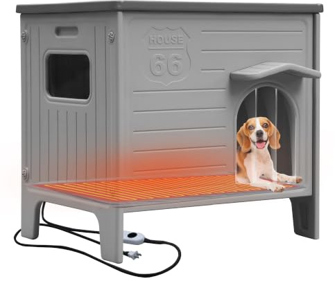 Rockever Casa para perros con calefacción para interiores y exteriores, para perros pequeños y medianos, casa de perro aislada con almohadilla térmica, casa elevada de plástico para perros al aire
