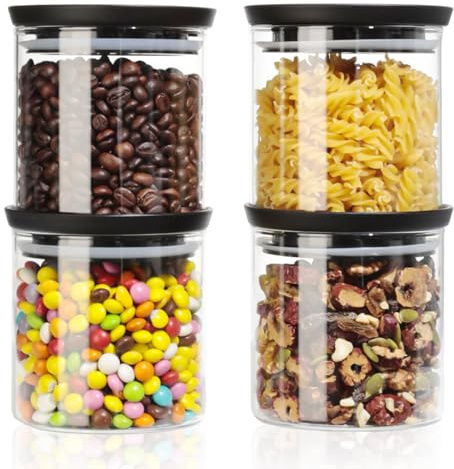 Romon Glasbehälter mit Deckel, 4er Set Vorratsgläser aus Borosilikatglas Luftdichte Vorratsdosen Stapelbar Transparenten für Küche, Mehl, Kaffee und Salz 600ml Runde
