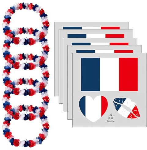 AEUXZA Kit Supporter France 15 Pièces - 5x Colliers de Fleurs Bleu Blanc Rouge & 10x Tatouages pour Coupe du Monde 2026 Euro, Accessoire Tricolore, Déco Fête