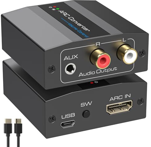 VEDINDUST Adattatore Audio HDMI ARC Convertitore Estrattore Audio Extractor a RCA L/R Stereo/3.5mm AUX con Alimentazione USB & Cavo HDMI ARC in Lega di Alluminio per PS4/5 HDTV Amplificatore