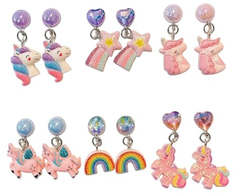 ZEBKEL 6 Paar clip ohrringe kinder, kinder ohrringe mädchen klips, Ohrringe Clip Mädchen Kinder Einhorn Niedlich Regenbogen Schmuck Prinzessin Zubehör Party Geburtstag Geschenk(Regenbogen)