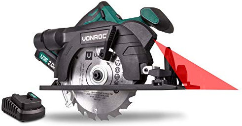 VONROC Scie circulaire sans fil 150mm VPower 20V. 1 batterie 2.0Ah, chargeur rapide, lame de scie, guide parallèle inclus