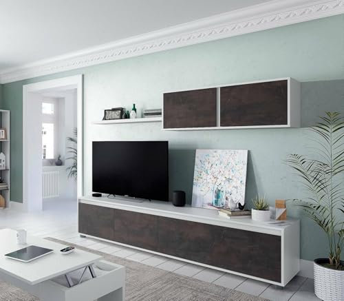 Dmora Parete attrezzata Savannah, Mobile da Soggiorno Porta TV, Composizione Set Salotto, Set Salotto con pensile, 200x41h43 cm, Bianco e Ossido