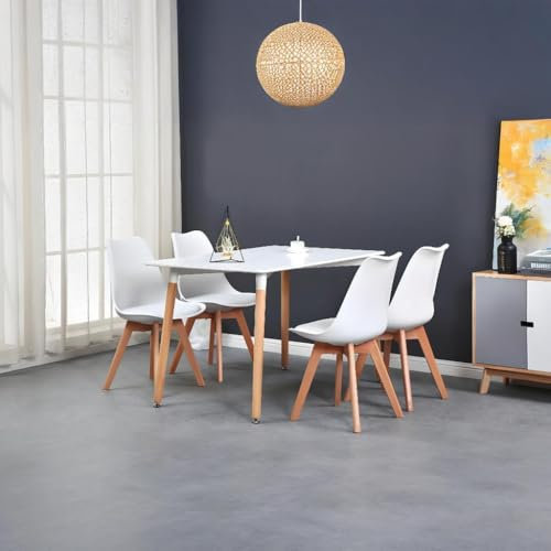 BenyLed Juego de Mesa de Comedor Rectangular y 4 Sillas, Sillas de Comedor Tapizadas y Muebles de Cocina de Juego de Comedor Estilo Madera, Blanco
