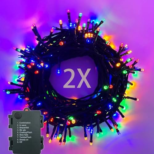 Lichterkette Batterie 2stk 100LEDs 10m LED Lichterkette Außen und Innen mit Timer, 8 Modi Lichterketten Batteriebetrieben für Weihnachten, Garten, Partys, Grünes Kabel Wasserdichte, Bunt